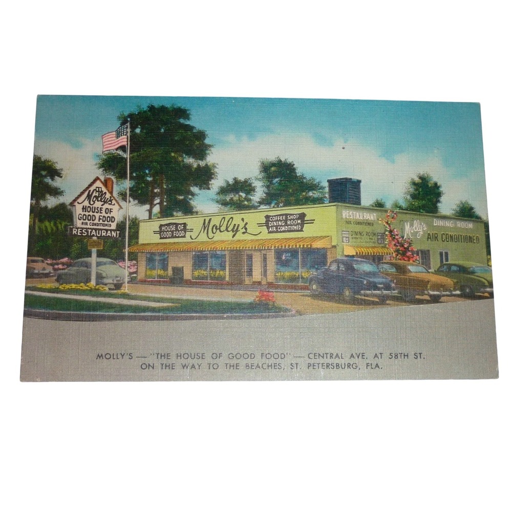 Mollys Restaurant Postcard House of Good Food St Petersburg Florida Linen Unused